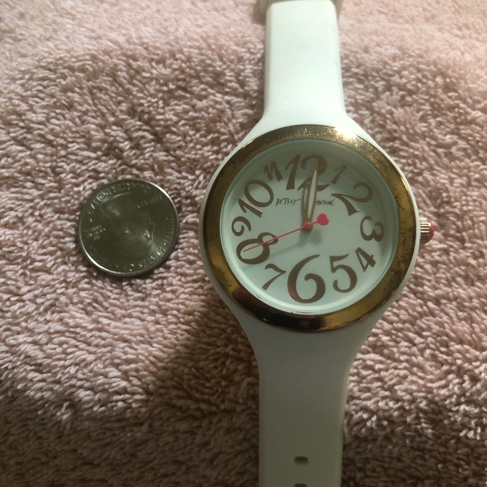 Betsey Johnson White Silicone Watch with Gold Bezel and Pink Accent